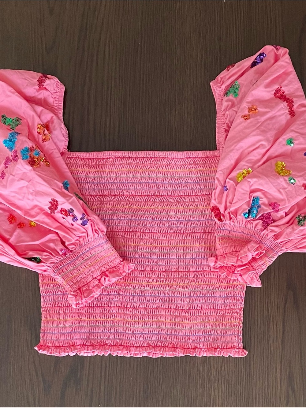 Queen of Sparkles Pink Smocked Crop Top Puff Sleeve Sequin Disco Cowgirl Small